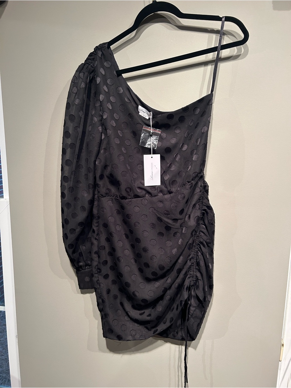 Lovers + Friends Black One-Shoulder Polka Dot Mini Dress